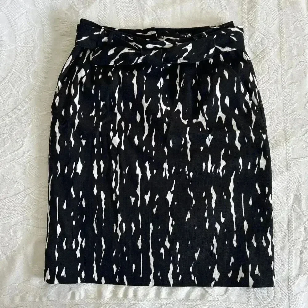 Black & White Cotton Knee Length Straight Skirt Lined Pockets East 5th Size10